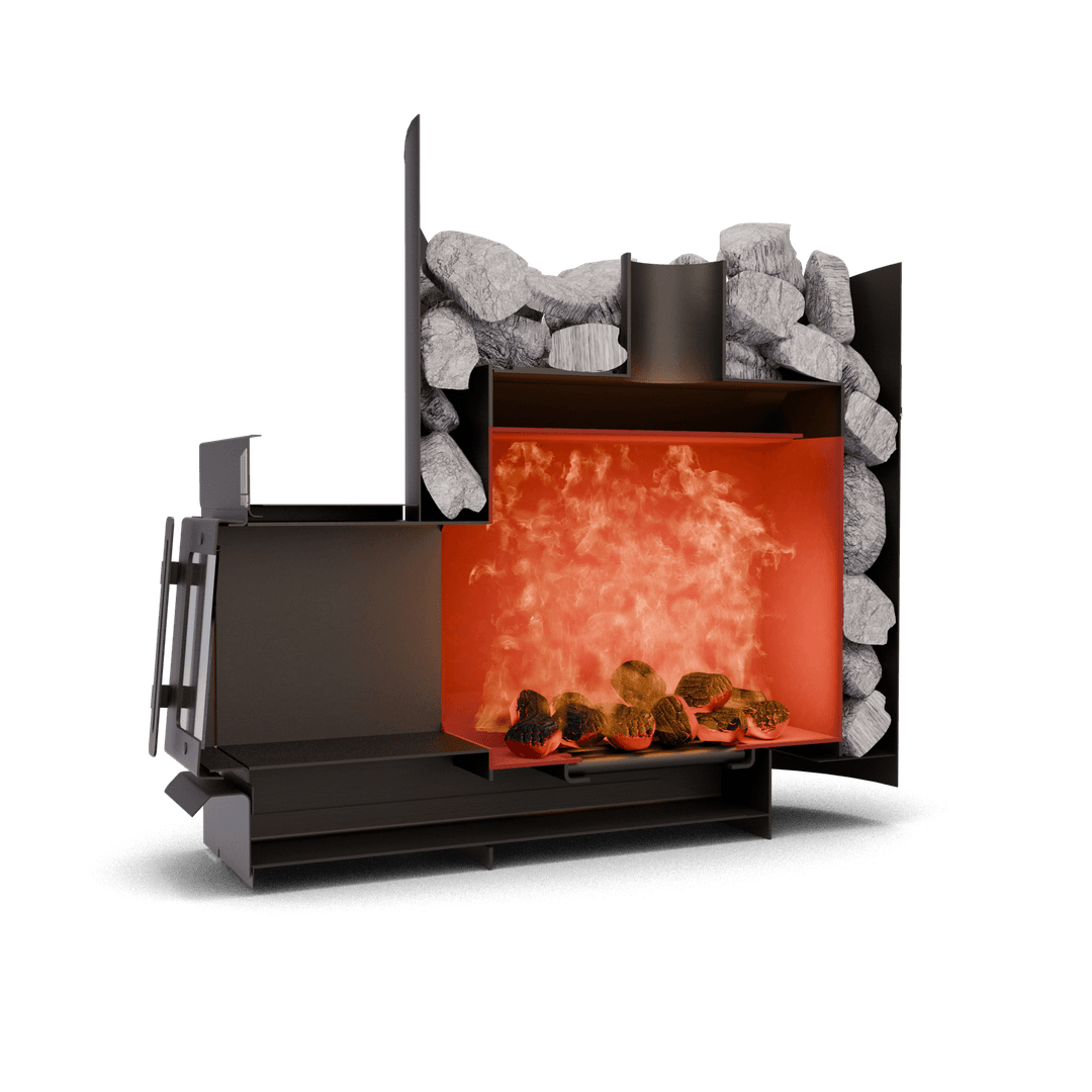 Печь банная Цельсий разрез и подсвеченная топка