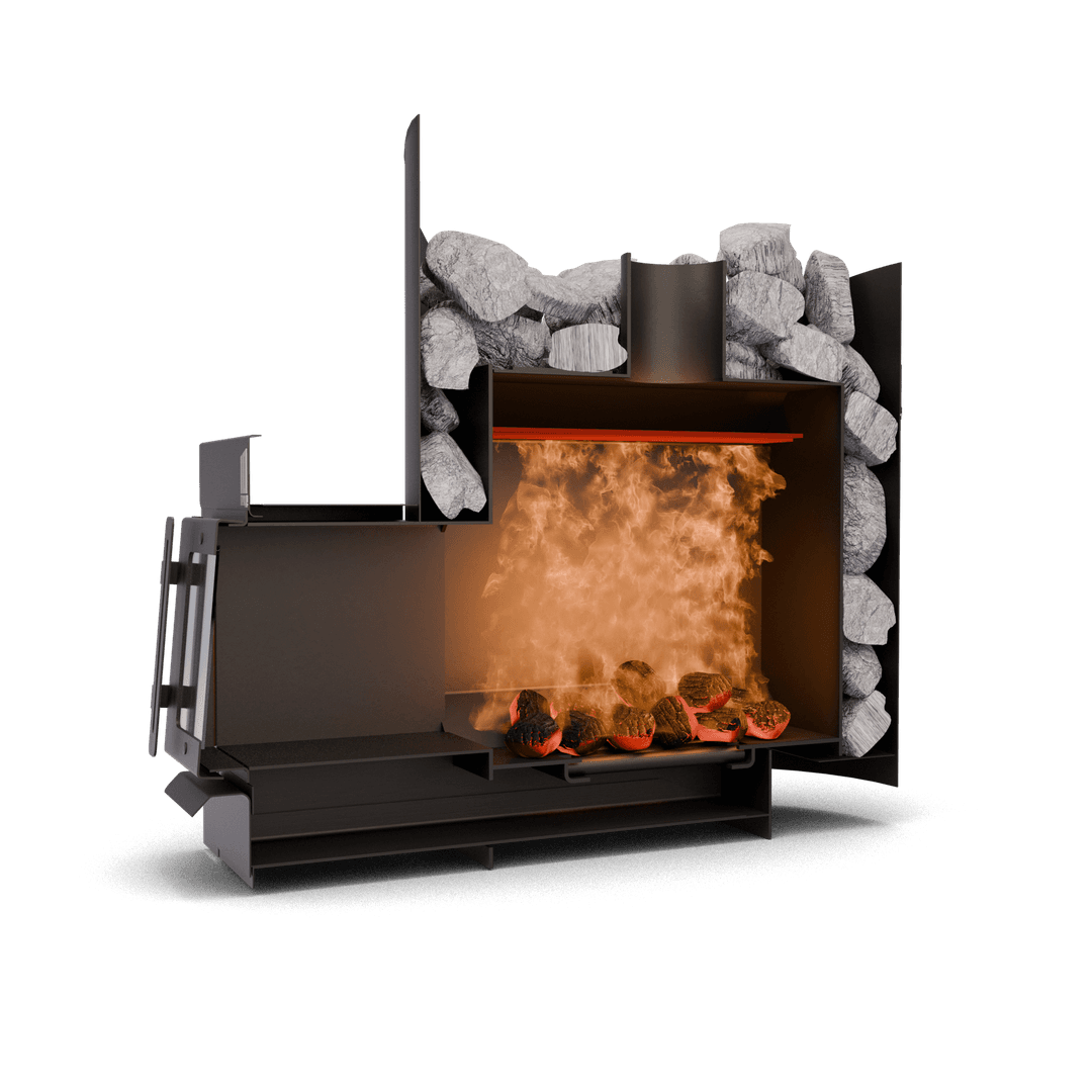 Печь банная Цельсий разрез подсвеченным пламегасителем